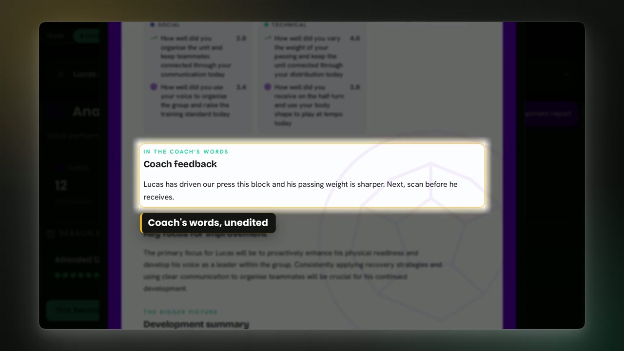 Demonstration development report with the coach’s feedback highlighted.