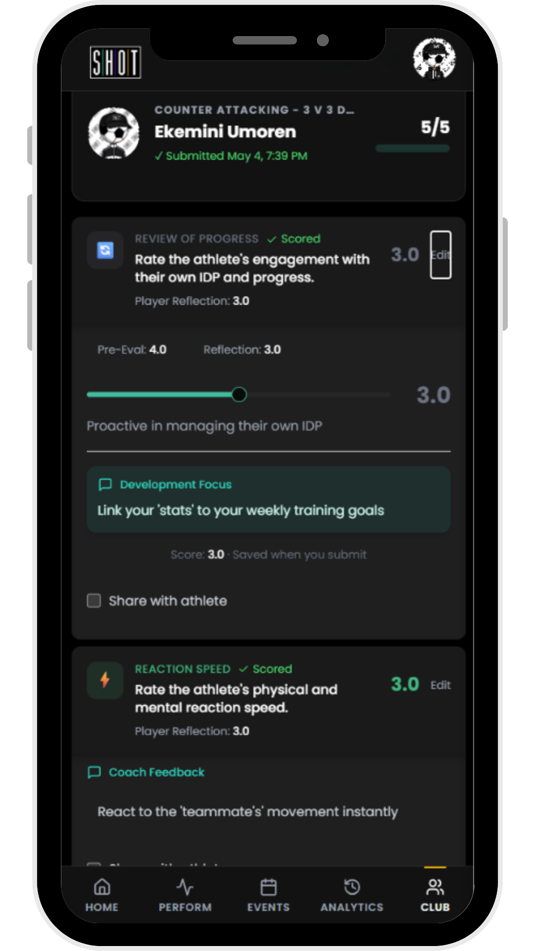 A PERFORM evaluation in the SHOT app