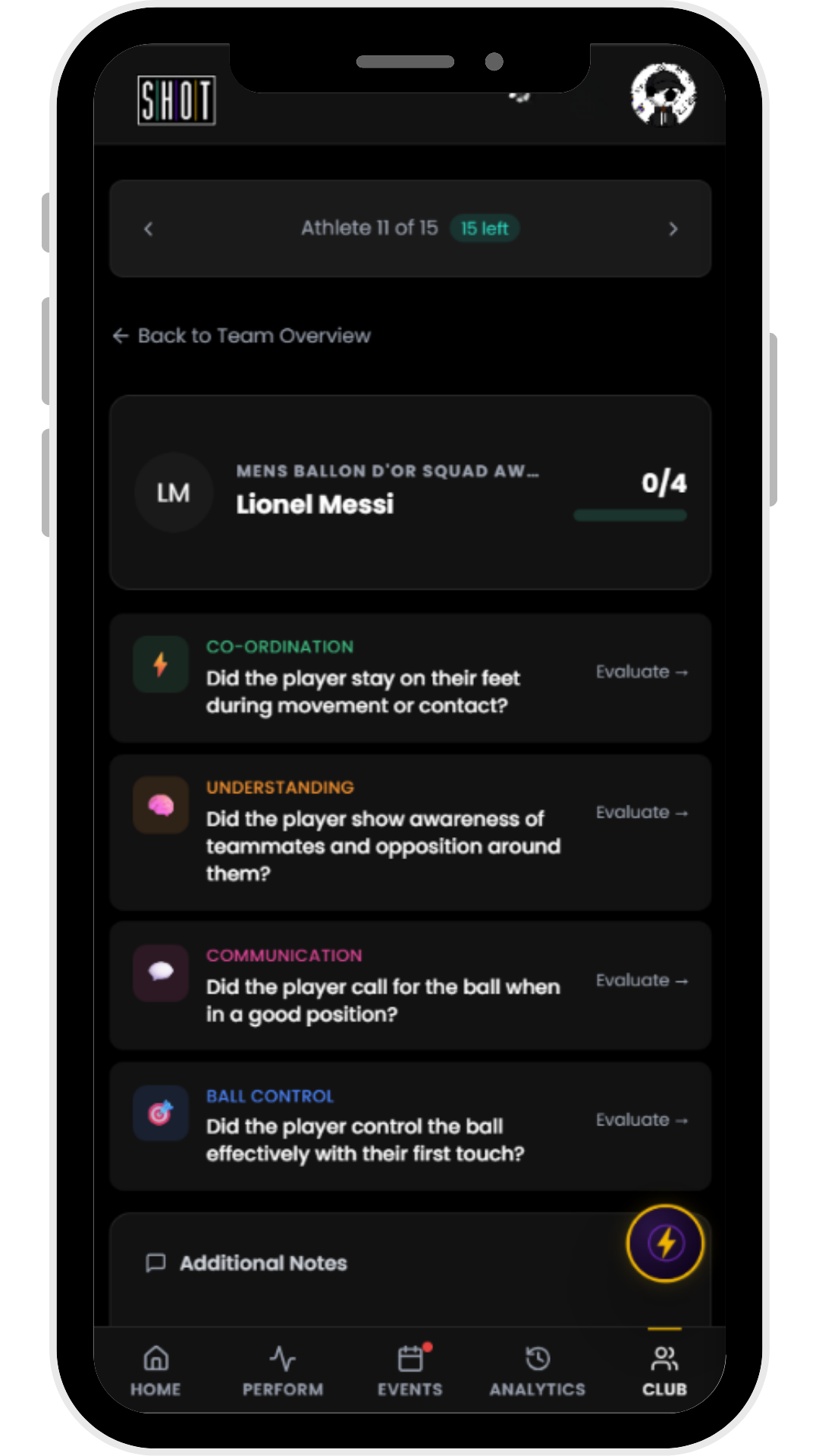 A PERFORM development plan in the SHOT app