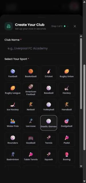 Create club screen