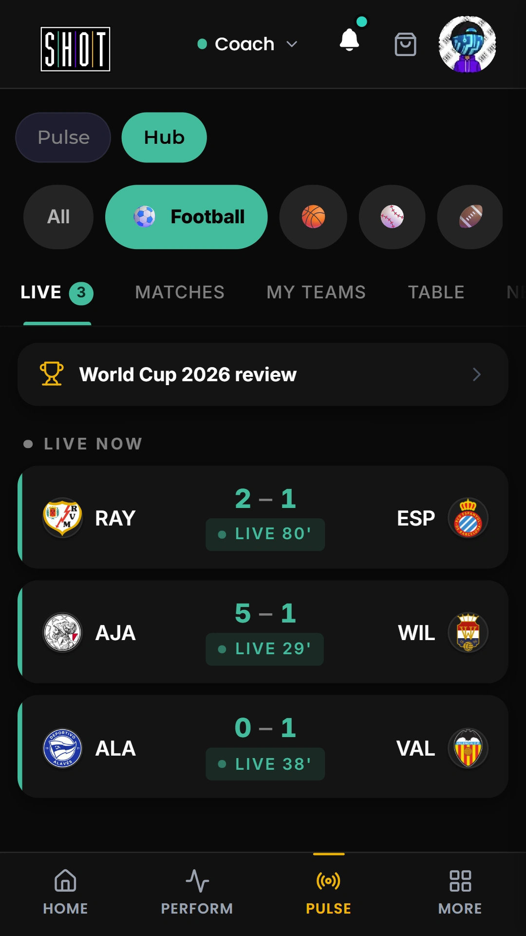 Football selected in the PULSE sport hub, with the Matches tab visible