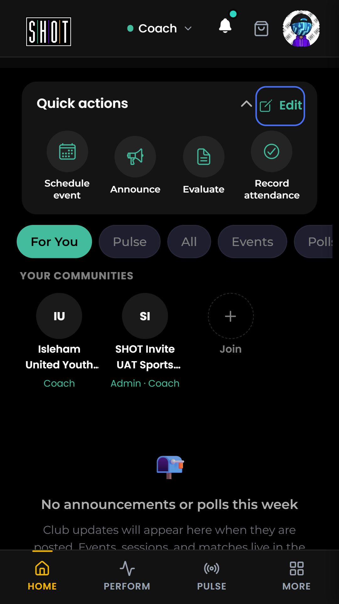 Current Coach Home with four Quick actions and native bottom navigation