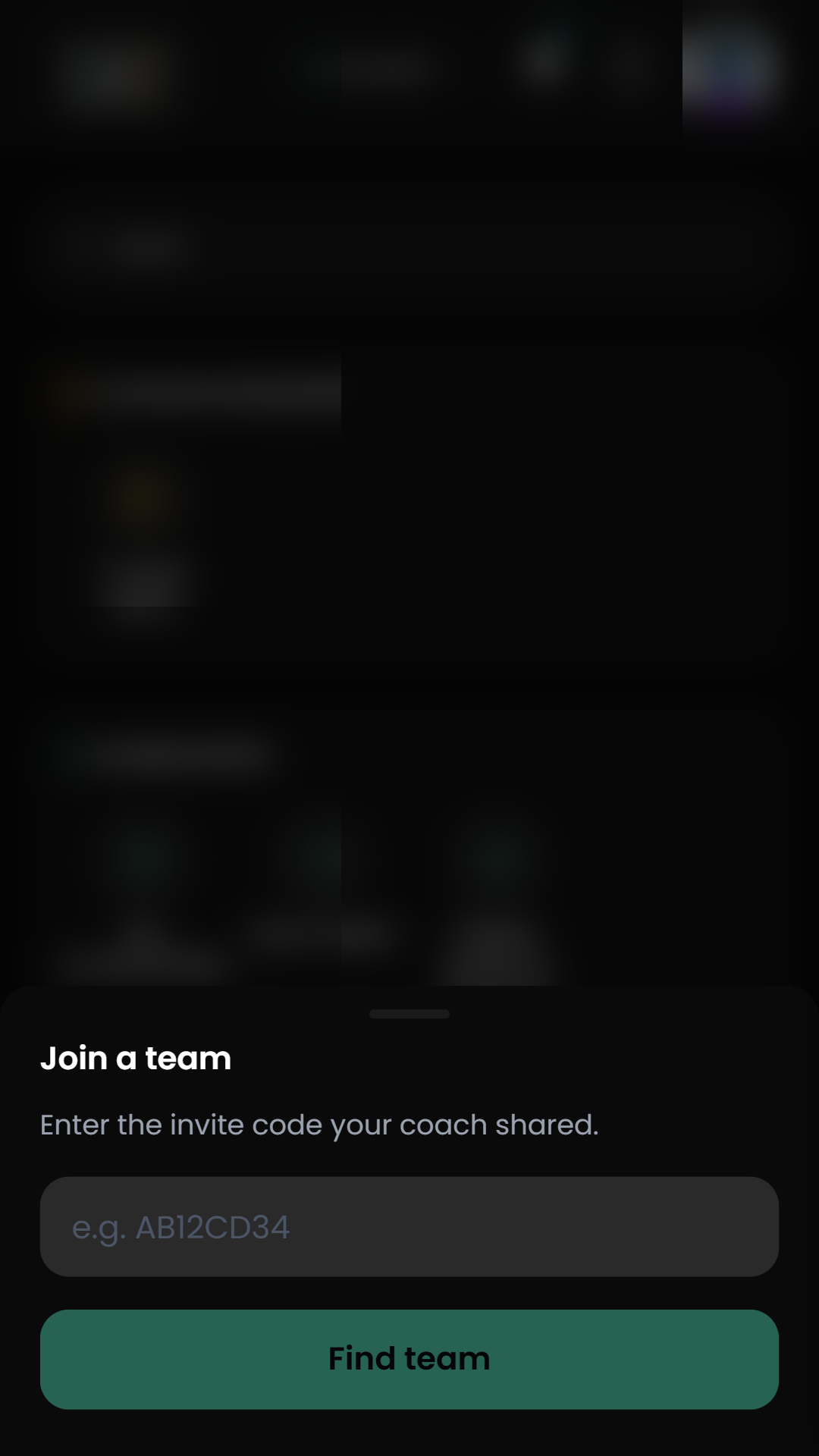 Empty Join a team form; the example code is an app placeholder