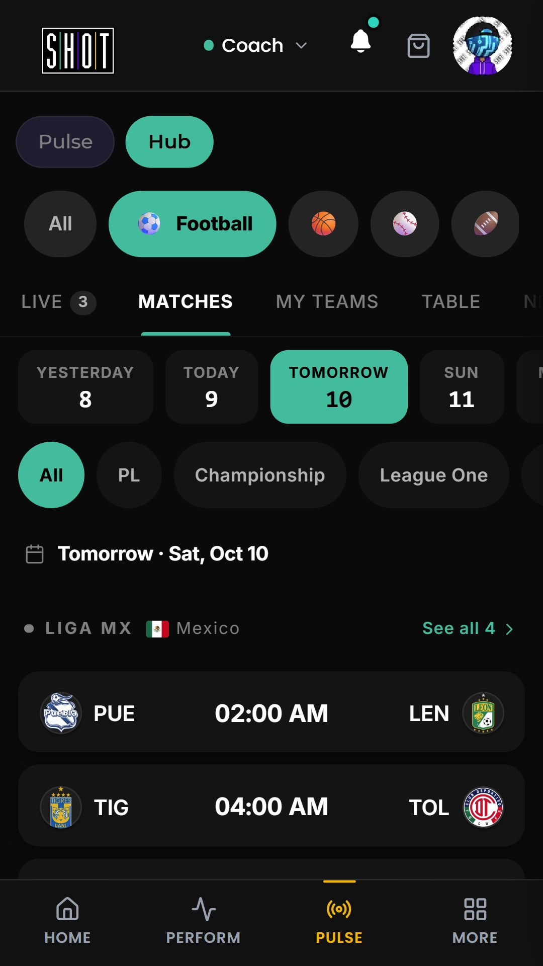 Football Matches with Tomorrow selected and fixture dates visible