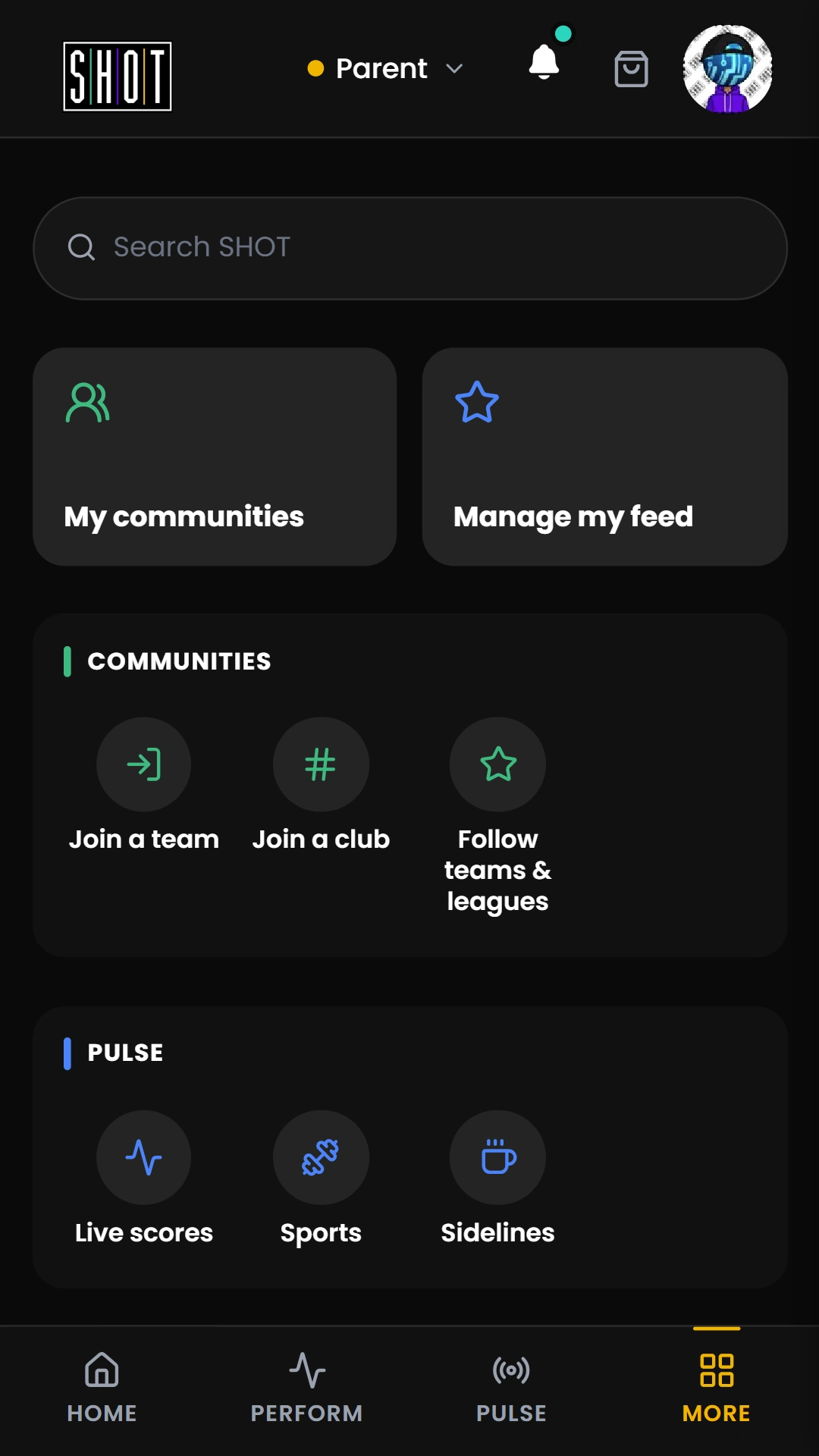 Parent view in MORE, with community, PULSE and family actions