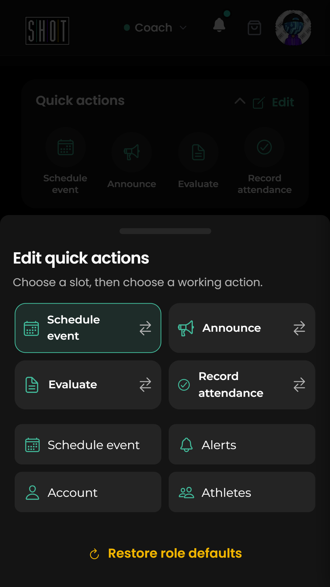 Edit Quick actions with one slot selected and replacement choices visible