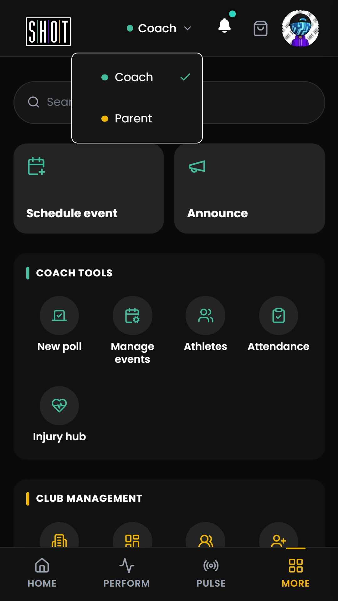 Role menu showing the Coach and Parent views already available on the recorded account
