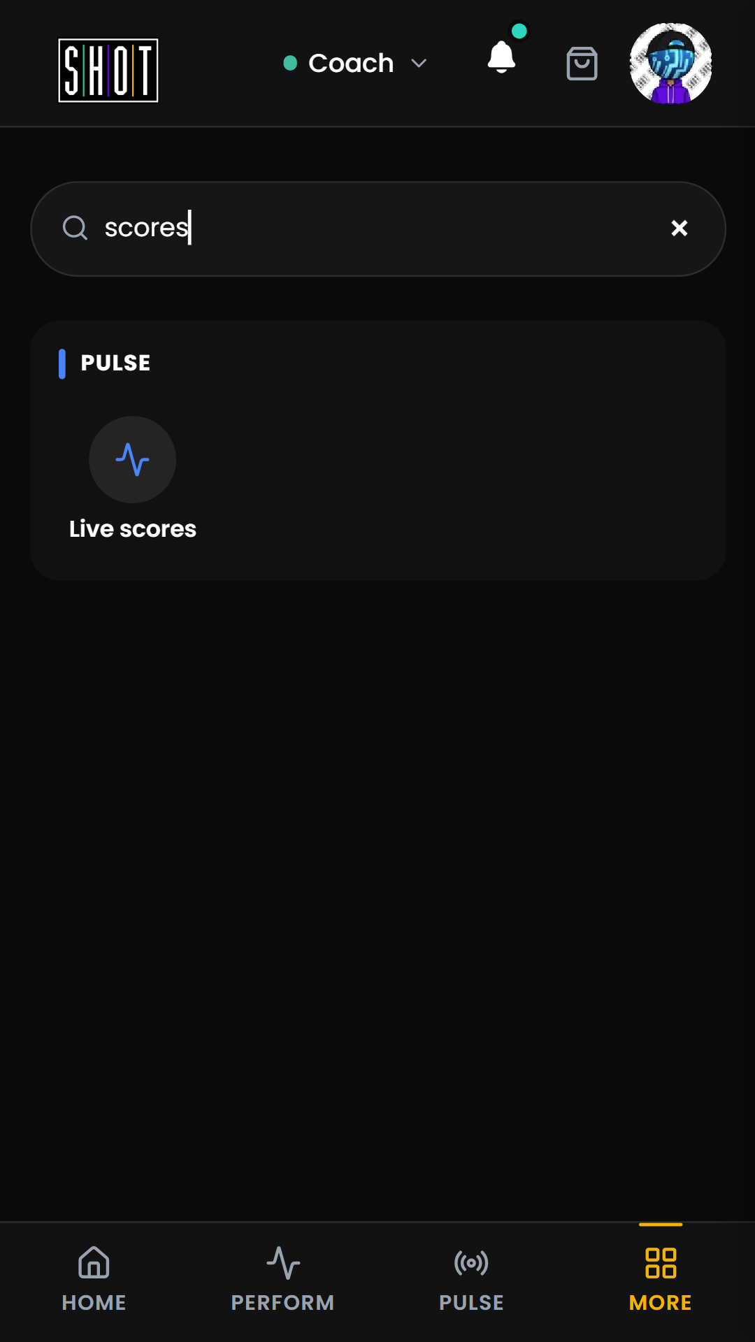 MORE filtered by scores, showing the Live scores action