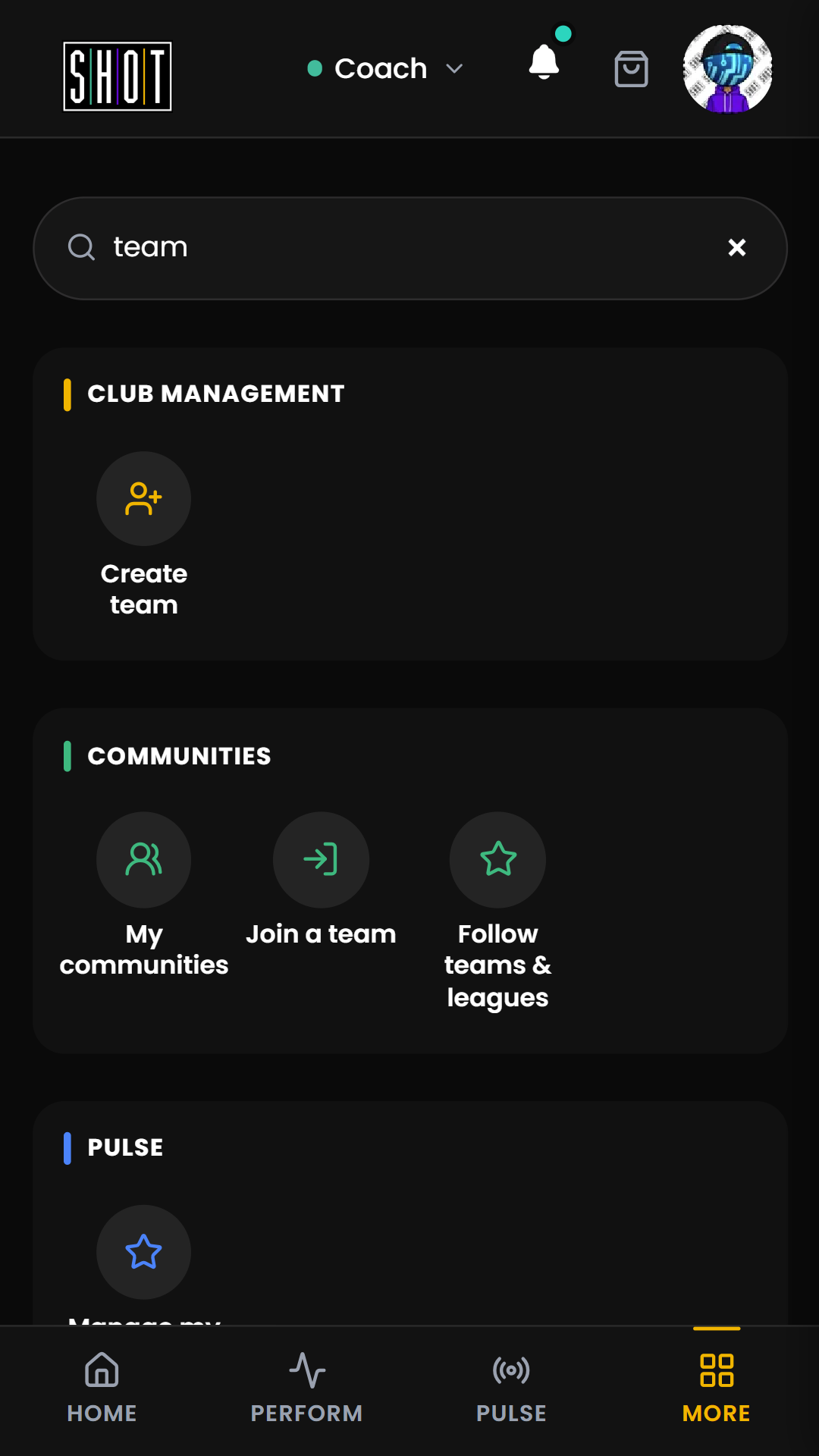 MORE filtered by team, showing community and join routes