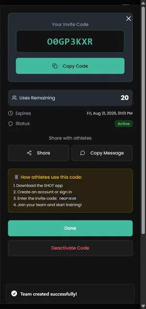 Athlete join code screen
