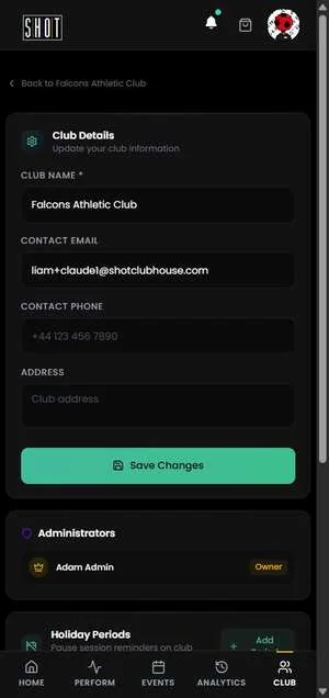 Club settings screen
