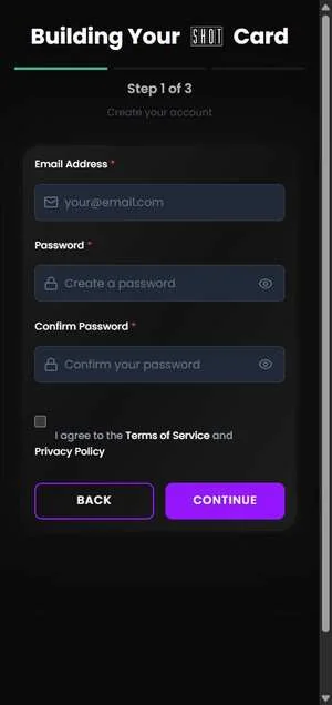 SHOT Clubhouse sign up screen